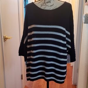 Cozy Time and True Short Sleeved Sweater Navy Blue with White Stripes Size Large